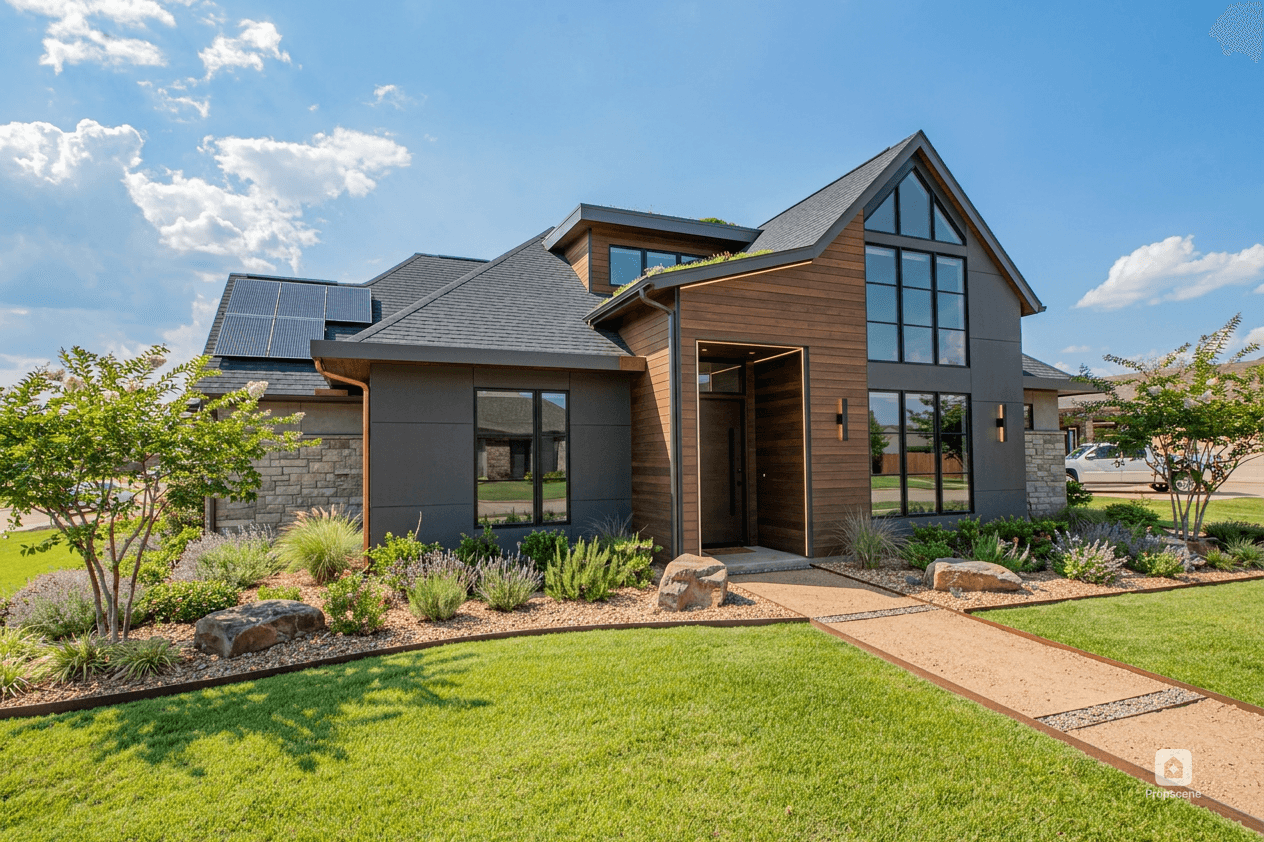A polished exterior design visualization created from the photograph
