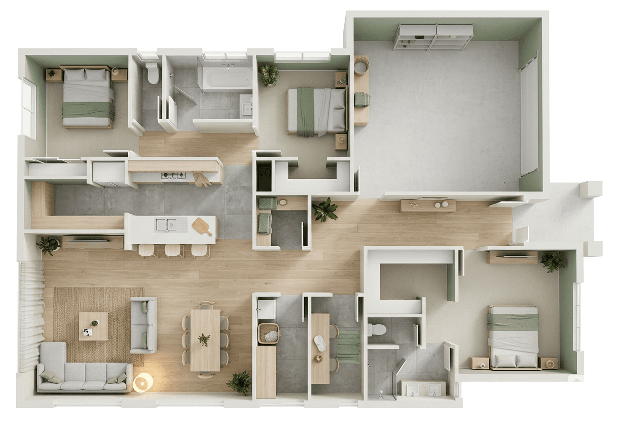 A finished 3D interior visualization developed from a floor plan