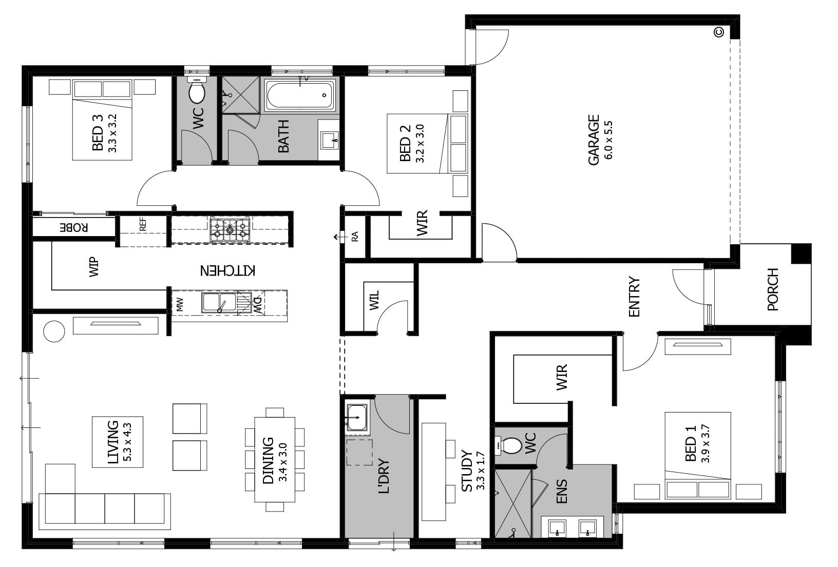 A two-dimensional residential floor plan