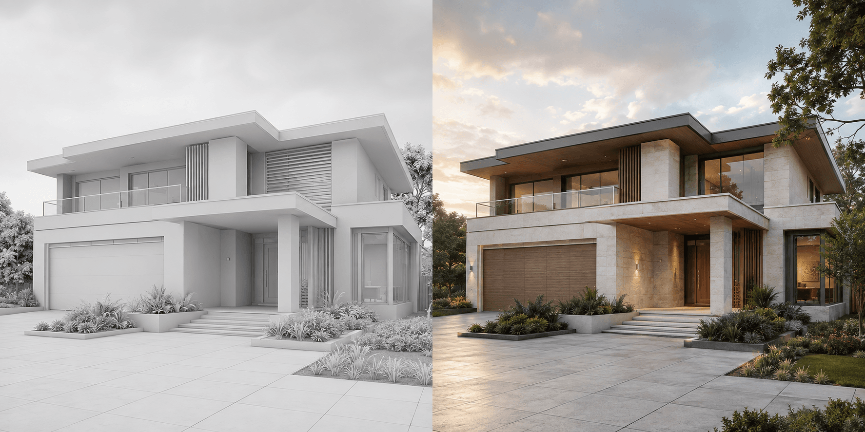 An untextured 3D house model transformed into a realistic architectural render