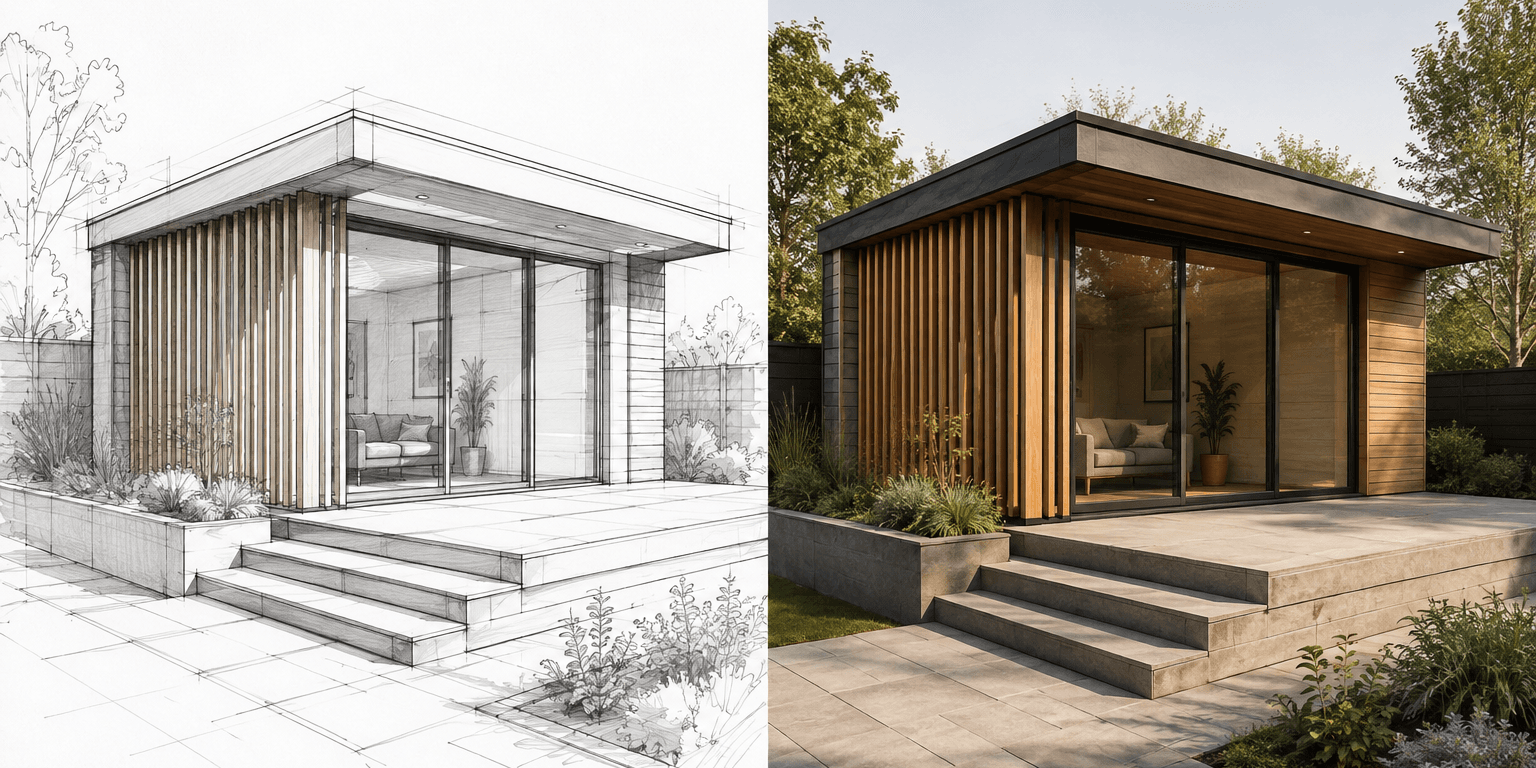 An architectural sketch and the photorealistic render developed from it