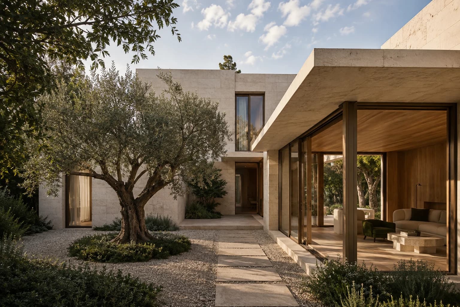 A limestone courtyard house with precise rooflines and an olive tree