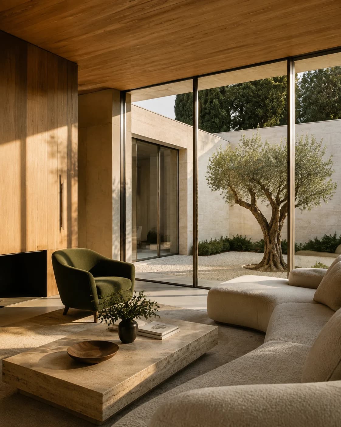 An oak-lined living room with a cream sofa and an olive courtyard beyond