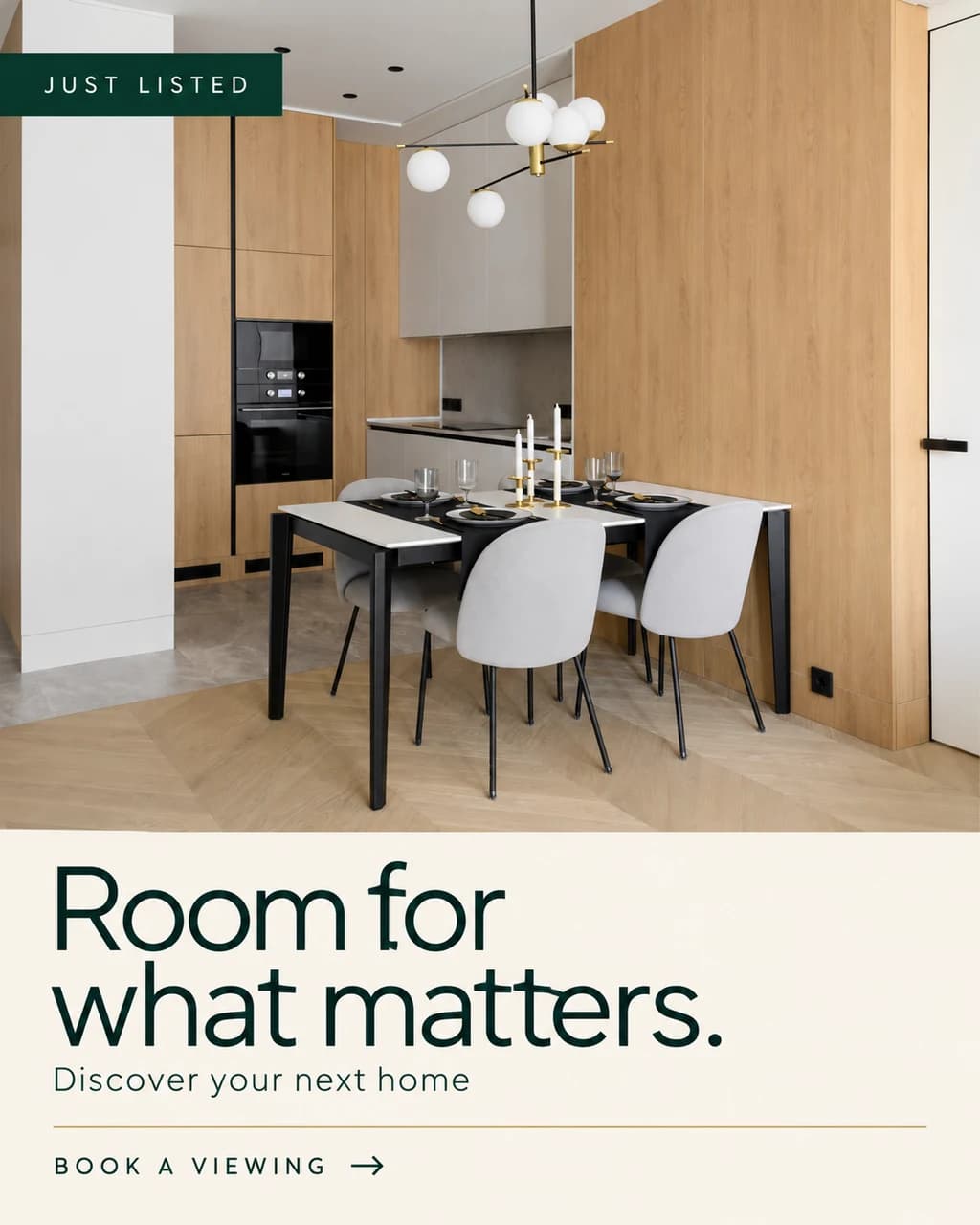 Illustrative AI-designed listing ad: a warm oak dining room with the headline Room for what matters and a Book a viewing call to action
