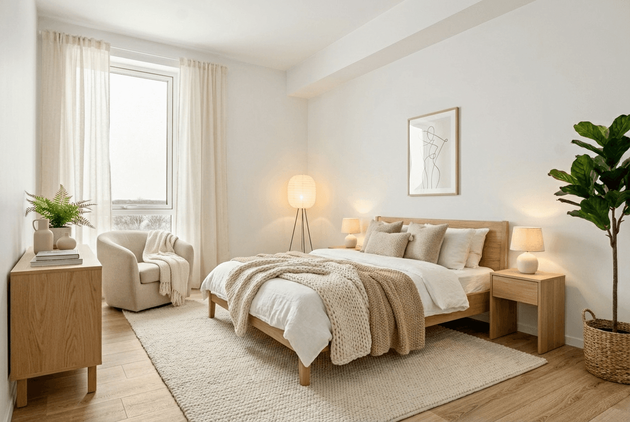 The same bedroom visualized with a finished interior design